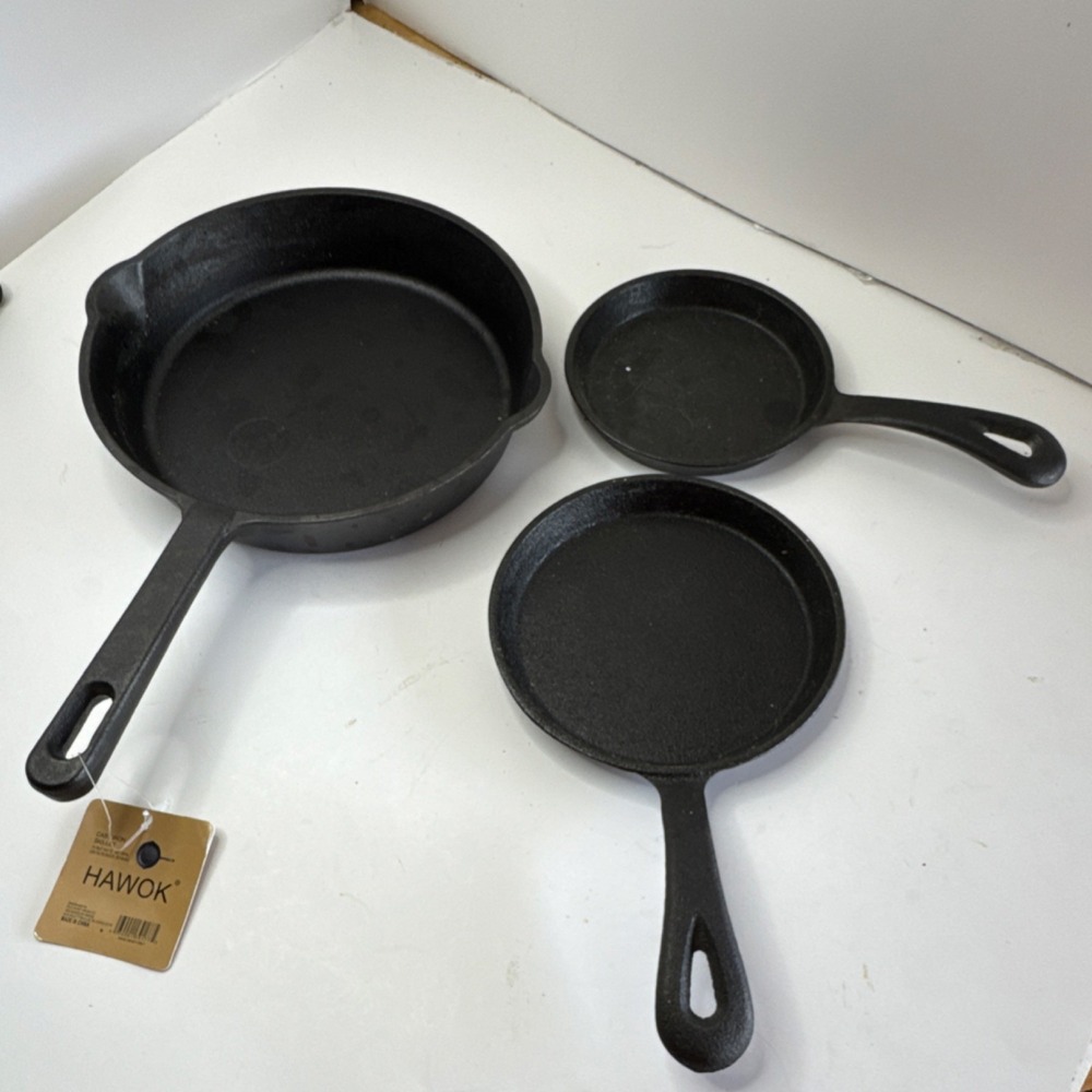HAWOK Cast Iron 3-Piece small Frying Pan Set Black Uncoated Long Handle